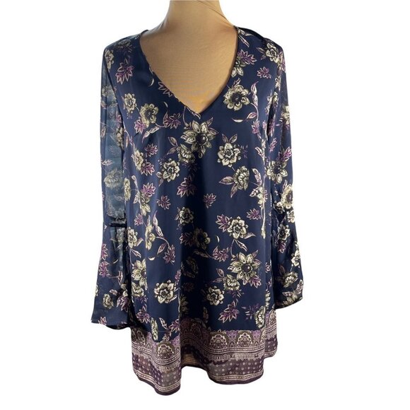 Speechless Blue V-Neck Flutter Sleeve Floral Tunic Top M - Picture 1 of 7